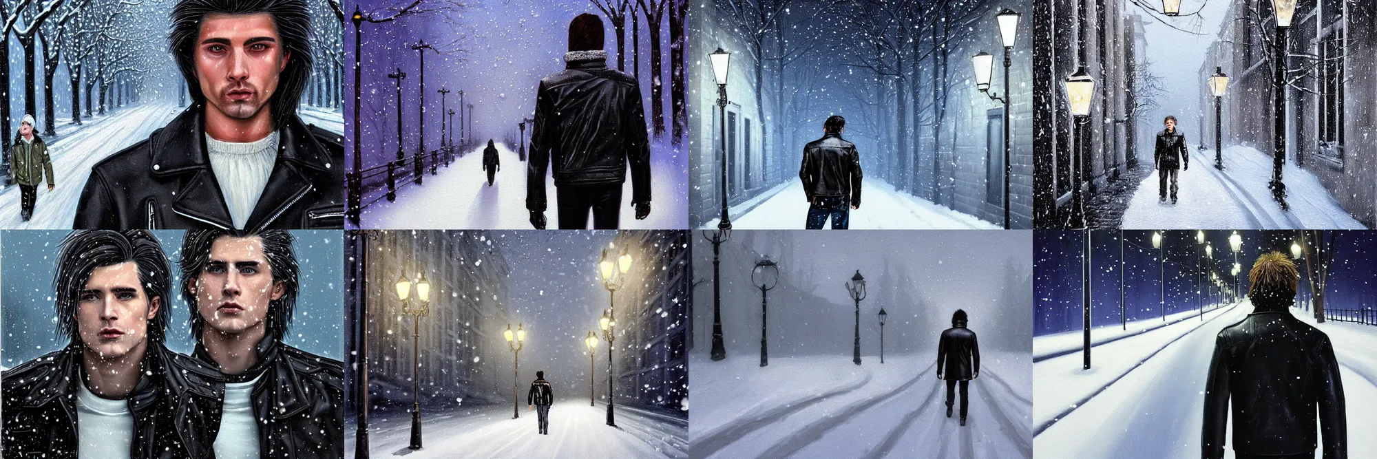 Prompt: beautiful snow - covered man from back in pacing to empty alley with street lamps in park with pines to the horizon, dressed in short leather jacket, snowfall at night, 1 9 8 0 s mullet haircut, black hairs, half - length portrait, perfect symmetrical eyes, cinematic by kezie demessance, painting, digital art, detailed, hyperrealism, igla movie shot