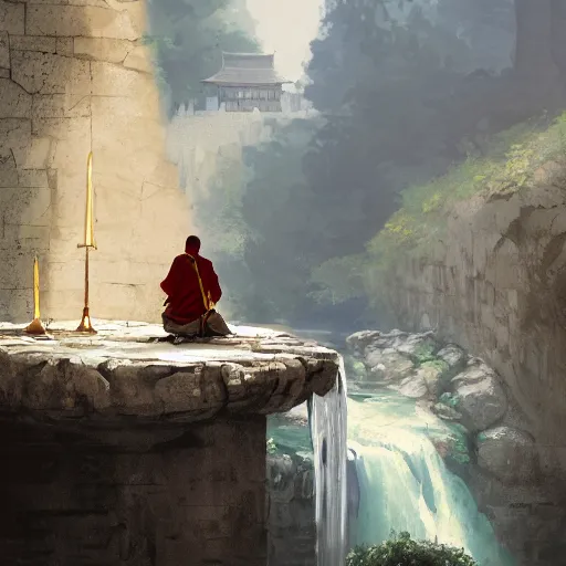 Image similar to A wise swordsman sitting meditating on a stone of a shaolin temple mount with a waterfall behind, artstation, Greg rutkowski, cinematic, digital Art