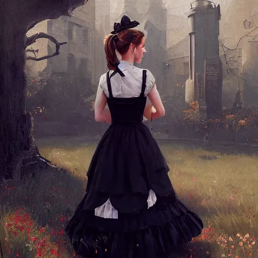 Image similar to highly detailed painting of emma watson wearing a black cat lolita maid dress, 8 k, by greg rutkowski, artgerm, loish, rhads, global illumination