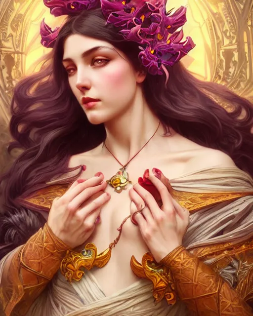 Prompt: beautiful sexy queen of the Passion flowers art nouveau, D&D, fantasy, intricate, elegant, highly detailed, digital painting, artstation, concept art, matte, sharp focus, illustration, hearthstone, art by Artgerm and Greg Rutkowski and Alphonse Mucha