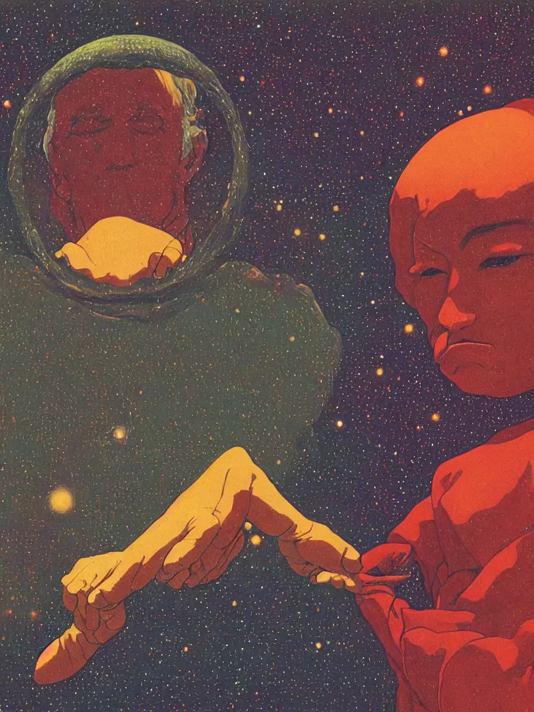 Image similar to a closeup portrait of an wise old man on mind altering drugs, lsd acid and dreaming psychedelic hallucinations in the vast alien cosmos milky way, by kawase hasui, moebius, edward hopper, colorful flat surreal design, dramatic lighting, hd, 8 k, artstation