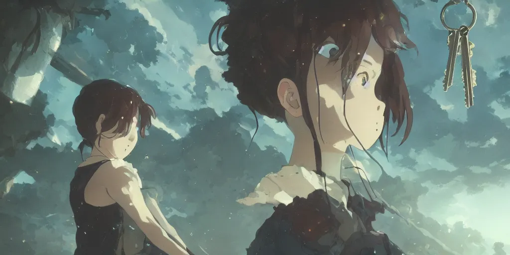 Prompt: a girl takes her keys and leaves her house, close up shot, anime art, Greg Rutkowski, studio ghibli, dramatic lighting