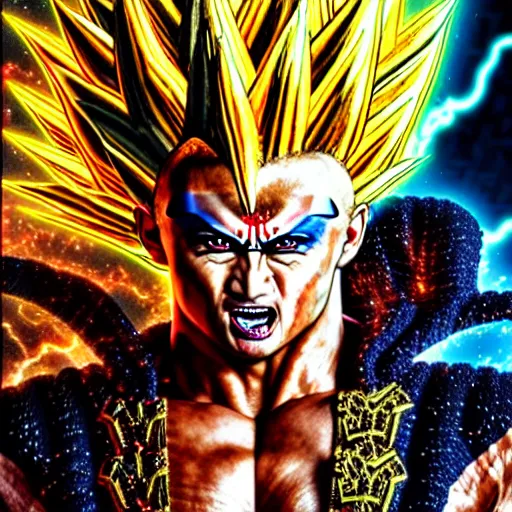 Image similar to uhd photorealistic detailed image of max voltage, the rock and roll emperor, dressed as super saiyan emperor, powering up, wearing extremely intricate costume and makeup, by ayami kojima, amano, and karol bak