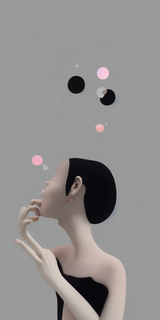 Image similar to 3d matte render, Hsiao-Ron Cheng, pastel colors, hyper-realism, pastel, polkadots, minimal, simplistic, amazing composition, woman, vaporwave, wow, Gertrude Abercrombie, Beeple, minimalistic graffiti masterpiece, minimalism, 3d abstract render overlayed, black background, psychedelic therapy, trending on ArtStation, ink splatters, pen lines, incredible detail, creative, positive energy, happy, unique, negative space, pure imagination painted by artgerm