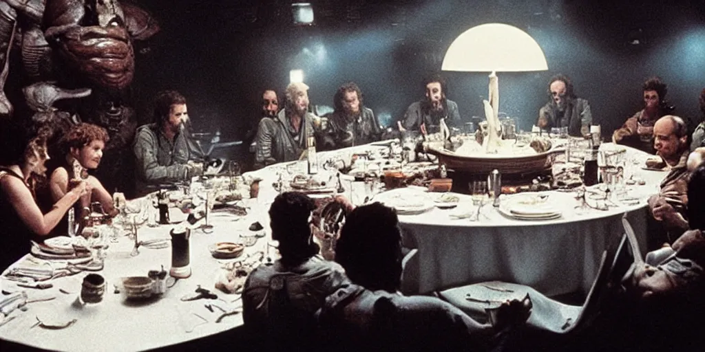 Image similar to a dinner scene with Ripley and 6 other people in a round table within the Nostromo by Ridley Scott, Alien movie, grainy, bluish and cream tones