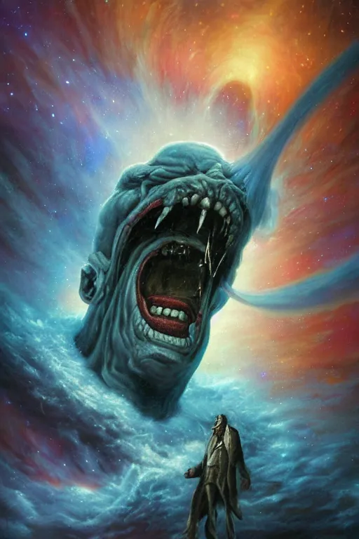 Image similar to an old man screams and a tornado comes out of his mouth by artgem and les edwards, highly detailed, high contrast, light reflection, trippy, nebula, trending on artstation