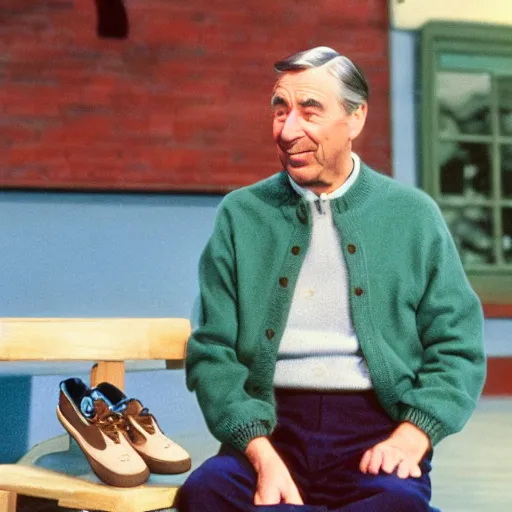 Image similar to fred rodgers, mr. rodgers neighborhood, blue sweater, putting on his shoes,