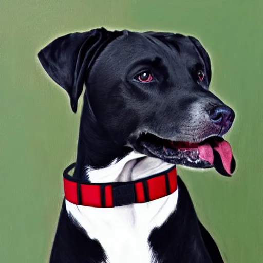 Prompt: painting of a black pitbull lab wearing thin red dog - collar