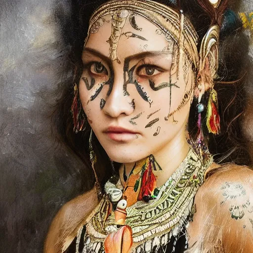 Image similar to An extremely beautiful pre-raphaelite ornate portrait of a very beautiful Dayak native, ultradetailed, intricate, elegant, digital art painting, smooth, sharp focus, magazine art cover illustration, regal, award winning picture, extremely detailed masterpiece, sense of awe, featured on Artstation, Artgerm, ethereal bubbles, Aetherpunk, atmospheric lightning, Exquisite floral details, 8K detail post-processing