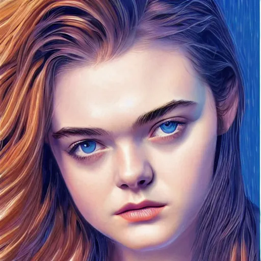 Prompt: professional painting of Elle Fanning in the style of Mike Deodato, head and shoulders portrait, symmetrical facial features, smooth, sharp focus, illustration, intricate, stormy weather, extremely detailed masterpiece,