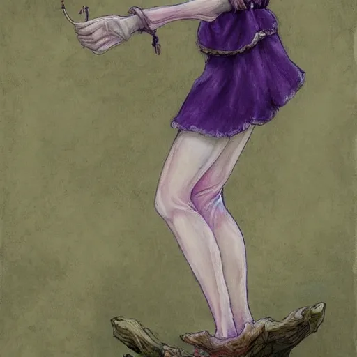 Image similar to little elf tomboy, purple tunic, soft hair. light color palate, detailed soft painting, ayami kojima, made in abyss, anatomically correct, inspired in balthus