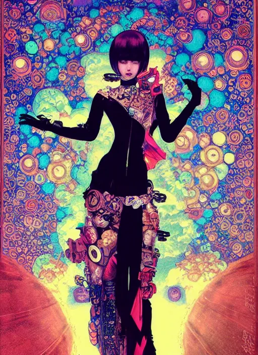 Prompt: cute punk goth fashion fractal cosmonaut girl by Zhang Jingna, punk poster art by Victor Moscoso Dan Mumford Kilian Eng Hannah Jeffrey Smith Rick Griffin Alphonse Mucha Gustav Klimt Ayami Kojima Amano Charlie Bowater