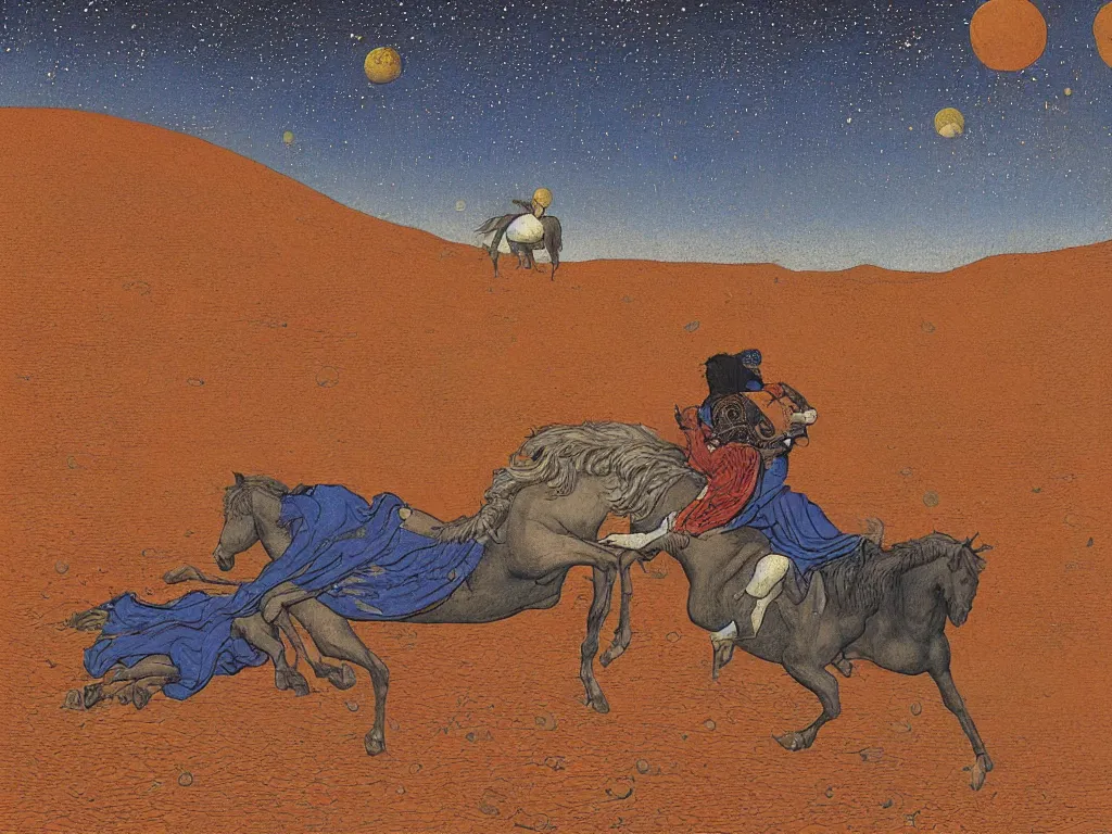 Prompt: portrait of a man with horse sleeping on the ground on mars. painting by limbourg brothers, moebius