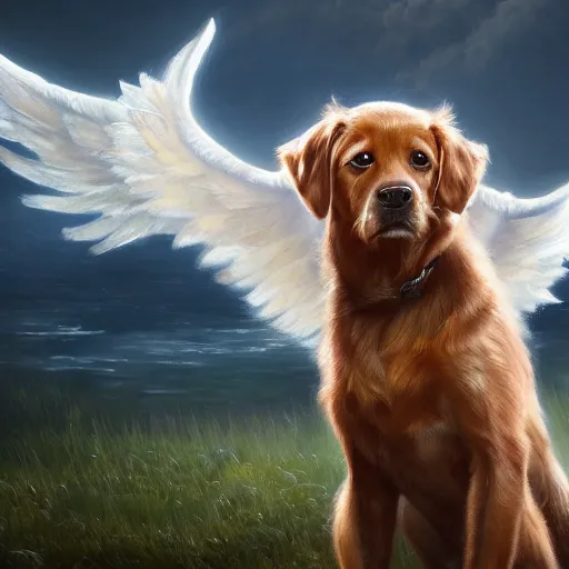 Prompt: an oil painting of a dog with wings, hd, hdr, ue 5, ue 6, unreal engine 5, cinematic 4 k wallpaper, 8 k, ultra detailed, high resolution, artstation, award winning