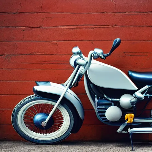 Prompt: hasselblad photo of an elegant vintage american moped motorbike, high gloss action shot, beautiful restored machinery, full product shot, centered, sharp focus dynamic lighting