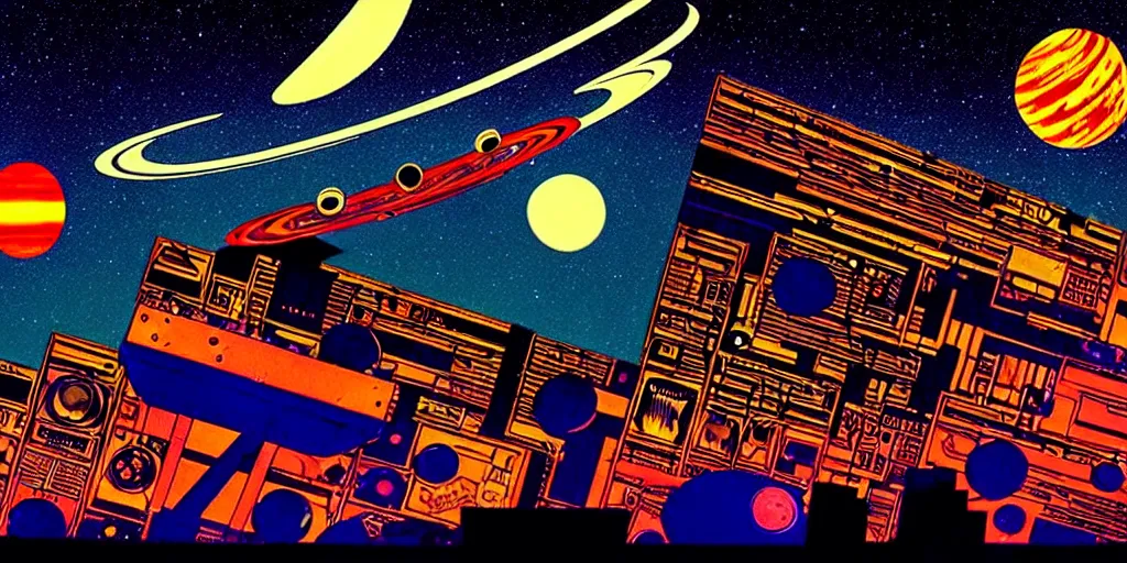 Prompt: cut out collage, low angle shot of a space port at night, retro punk, ink by Frank Miller, cinematography by Jim Jarmusch, composition by Hale Woodruff, soundtrack by Aphex Twin, background by Moebius.