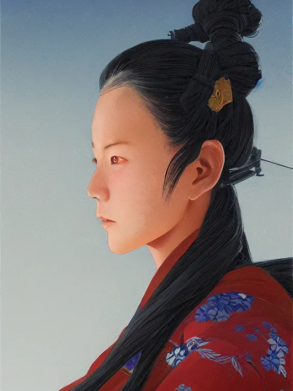 Image similar to an ultradetailed beautiful portrait painting of a female ninja at night in a japanese village, side view, oil painting, high resolution, by ilya kuvshinov, greg rutkowski and makoto shinkai