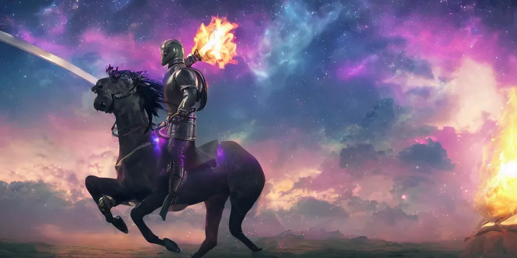 Image similar to A knight holding a flame sword while riding in a horse through the galaxy, vaporwave, hyperrealistic, 8K, highly detailed, volumetric lighting,