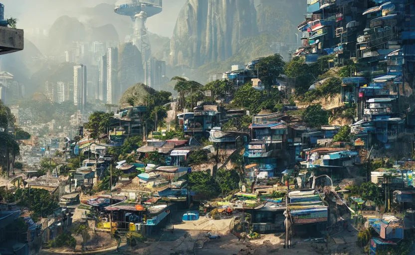 Prompt: A futuristic favela in Rio de Janeiro on a cyberpunk aesthetic mixing technology and nature, realistic cityscape, hyper realistic, trending on artstation.