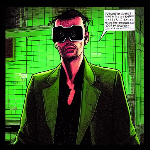 Image similar to “portrait of main character of Neuromant book on his face VR set, high detailed, wide and straight in face angle, in the background big mainframe with python code running on it(black and green color) many wires. volumetric light, epic light, by Steve Dillon, Glenn Fabry, Matt Hollingsworth, Pamela Rambo in style of Preacher comics(1995-2000)”