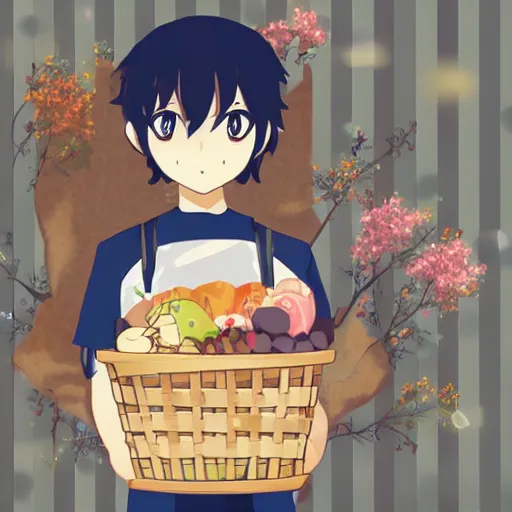 Image similar to a cute anime style boy holding basket on his shoulder, full body ,chibi ,kawaii, hyperreal