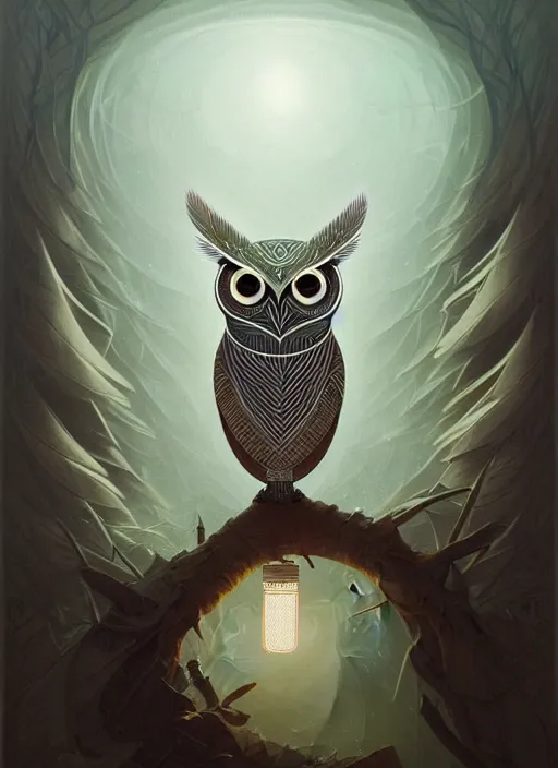 Image similar to portrait of a geometric owl, identical eyes, medium shot, illustration, full body made of white feathers, symmetrical, art stand, super detailed, cinematic lighting, and its detailed and intricate, gorgeous, by peter mohrbacher