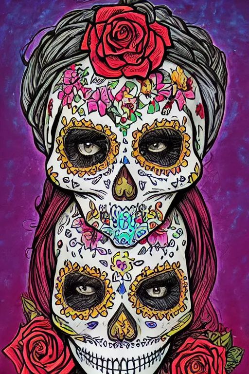 Prompt: Illustration of a sugar skull day of the dead girl, art by larry elmore