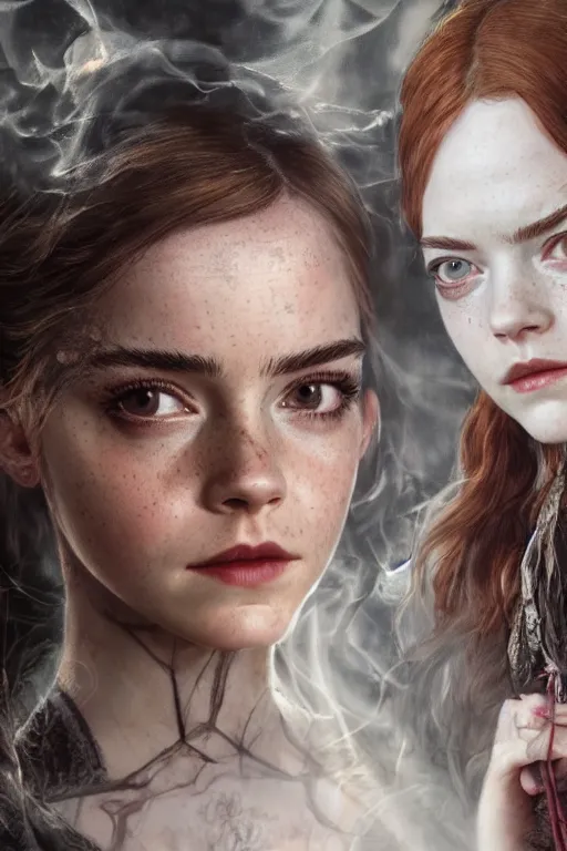 Prompt: a mix of of emma watson, anya taylor - joy and emma stone, evil sorceress witch, game of thrones scenes, hyperrealism, octane render, extremely detailed, intricate smoke magic, lace, style of mark ryden, earl nore, hyung tae, frank frazetta