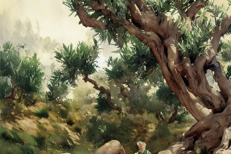 Image similar to watercolor painting of young olive tree in portugal, art by hans gude, art by hans dahl, by jesper ejsing, art by anders zorn, wonderful masterpiece by greg rutkowski, cinematic light, american romanticism by greg manchess, creation by tyler edlin