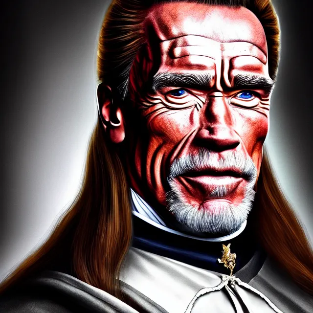 Prompt: epic professional digital portrait art of Arnold Schwarzenegger wearing 17th century clothing, wearing a large white British barrister wig, ,best on artstation, cgsociety, Behance, pixiv, astonishing, impressive, outstanding, epic, cinematic, stunning, gorgeous, much detail, much wow, masterpiece.