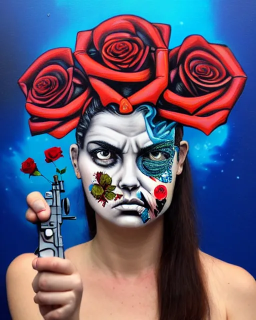 Image similar to split faced person holding pistol and roses in a deep sea with intricate details by Sandra Chevrier with half image