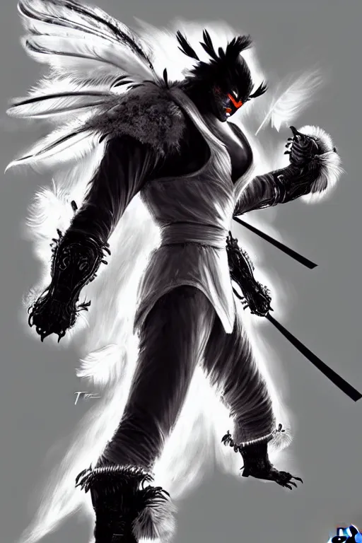 Prompt: Tekken 4 fighter anime Stunning Portrait right side profile giant Robot Owl with feathers all over its body, short black feathers with a samurai sword on its back, in a fighting stance, digital painting, artstation, concept art, soft light, hdri, smooth, sharp focus, illustration, art by tian zi, craig mullins, Mark Arian, WLOP, alphonse mucha