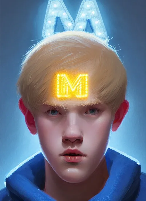 Image similar to portrait of high school senior boy named big moose, blonde short hair, jock, beefy, wide face, square jaw, square facial structure, blue varsity jacket with letter r, intricate, elegant, glowing lights, highly detailed, digital painting, artstation, concept art, sharp focus, illustration, art by wlop, mars ravelo and greg rutkowski