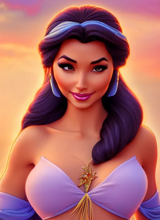 Prompt: gorgeous disney princess jasmine, hyper realistic, professionally retouched, muted colors, soft lighting, realistic, smooth face, full body shot, torso, dress, perfect eyes, sharp focus on eyes, 8 k, high definition, insanely detailed, intricate, elegant, art by j scott campbell and artgerm