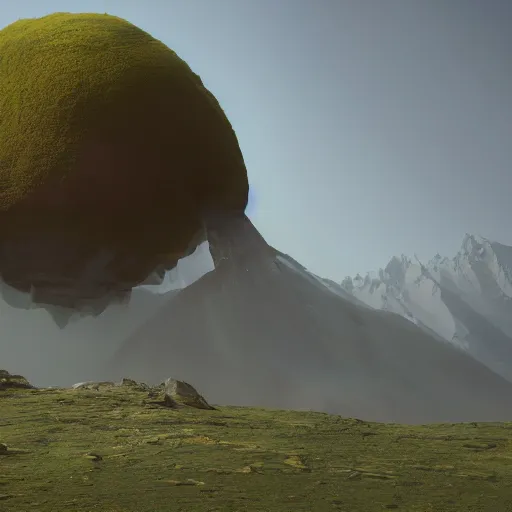 Prompt: a gigantic bio germs stands in front of a mountain. digital art, octane renderer. cgsociety, soft light