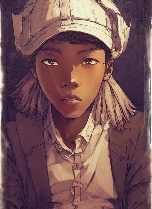 Image similar to prompt : portrait soft light painted by james jean and katsuhiro otomo and erik jones, inspired by akira anime, epic fantasy, a young dark skinned girl with short hair dressed as a boy in plain peasant clothing and a newsboy cap, intricate oil painting, high detail illustration, sharp high detail