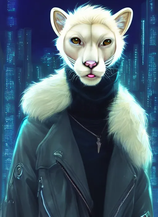 Prompt: award winning beautiful portrait commission of a male furry anthro albino mountain lion fursona with a tail and a cute beautiful attractive detailed furry face wearing stylish cyberpunk clothes in a cyberpunk city at night while it rains. Vaporwave. Character design by charlie bowater, ross tran, artgerm, and makoto shinkai, detailed, inked, western comic book art