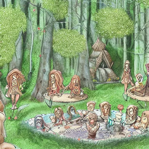 Image similar to highly detailed commune of !!!!!hedonist!!!!! (((((elves))))). the (((((elves))))) are carefree and playful. digitally painted forest scene. The (((((elves))))) each have the face of famous musician !!!!!Ed Sheeran!!!!!. Each elf looks like !!!!!!!!!!ED SHEERAN!!!!!!!!!! !!!!!ED!!!!! pixiv, artbreeder. high quality art