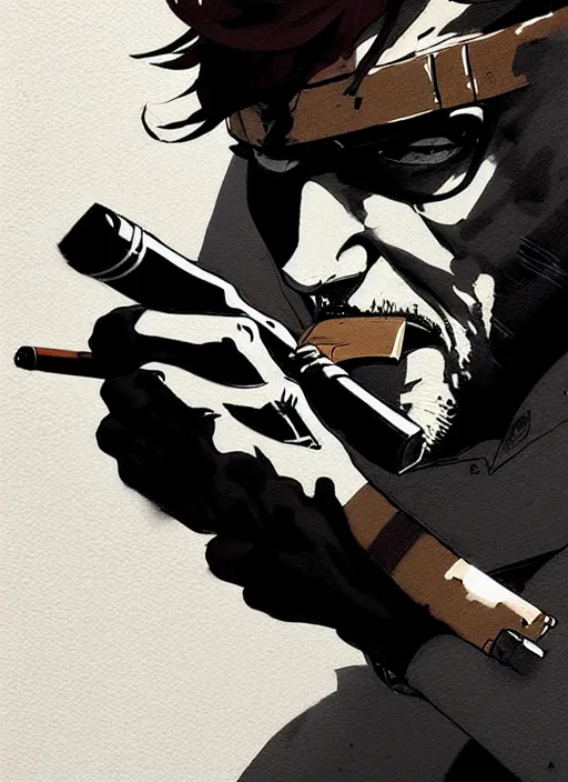 Image similar to highly detailed closeup of a moody solid snake smoking a cigar by atey ghailan, by greg rutkowski, by greg tocchini, by james gilleard, by joe fenton, by kaethe butcher, gradient, blue, black, brown and white color scheme muted tones, grunge aesthetic!!! white graffiti tag wall background