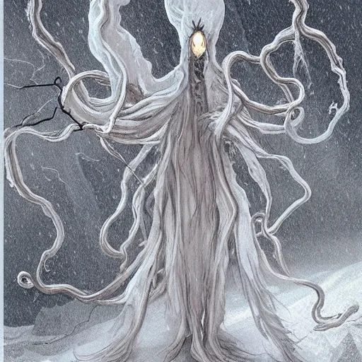 Image similar to concept designs for an ethereal ghostly wraith like figure made from wispy billowing smoke and sparks of electricity with a squid like parasite latched onto its head and long tentacle arms that flow lazily but gracefully at its sides like a cloak while it floats around a frozen rocky tundra in the snow searching for lost souls and that hides amongst the shadows in the trees, this character has hydrokinesis and electrokinesis for the resident evil village video game franchise with inspiration from kraang from the teenage mutant ninja turtle franchise and Bloodborne and the mind flayer from stranger things on netflix in the style of a marvel comic