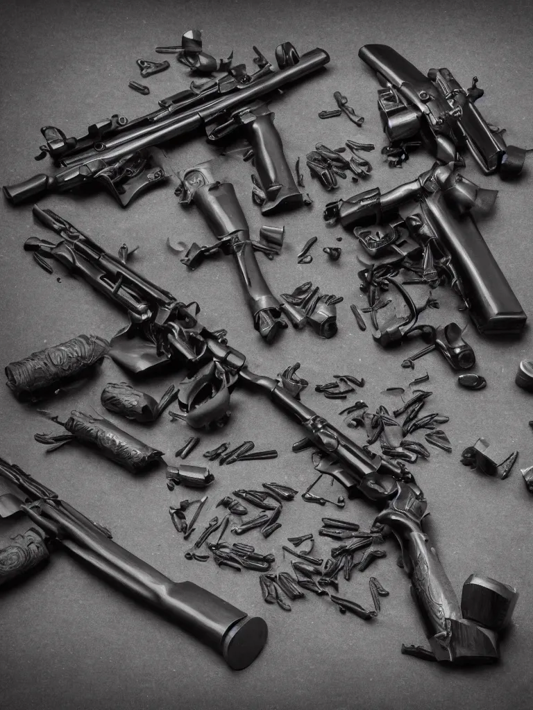 Image similar to carving in dark black steel of machine guns shotguns rifles revolvers bullets, dark vintage pinhole camera, ultrarealistic, intricate details, 4k