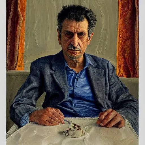 Image similar to high quality, high detail, realistic portrait of bahram beyzai, painted by lucian freud, dramatic lighting, cinematic composition