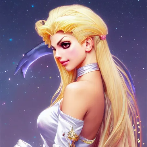 Image similar to Victoria Justice with blonde hair as Sailor Moon, western, D&D, fantasy, intricate, elegant, highly detailed, digital painting, artstation, concept art, matte, sharp focus, illustration, art by Artgerm and Greg Rutkowski and Alphonse Mucha