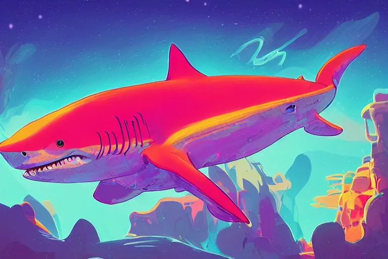 Prompt: a holographic projection of a huge colorful transparent shark appears in the desert at night, a man is stunned, by anton fadeev and jame paick, highly - detailed, fantasy