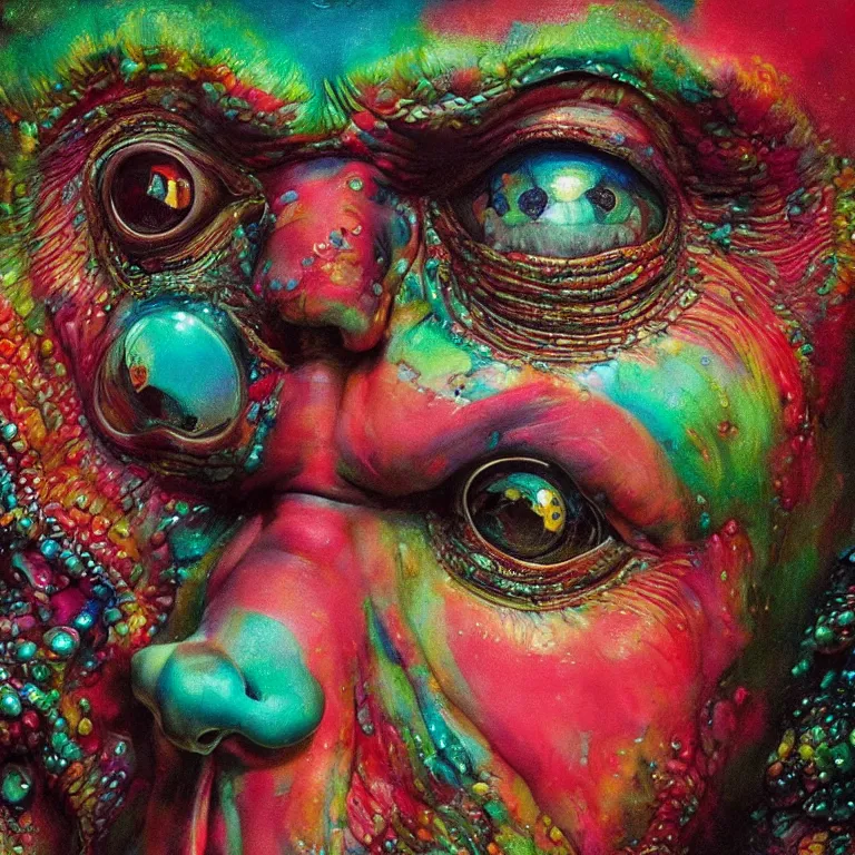 Image similar to Hyperrealistic intensely colored close up studio Photograph portrait of a deep sea bioluminescent Jon Hamm covered in chromatophores and scales, symmetrical face realistic proportions eye contact, Staring intensely with golden eyes sitting on a Rock underwater, award-winning portrait oil painting by Norman Rockwell and Zdzisław Beksiński vivid colors high contrast hyperrealism 8k