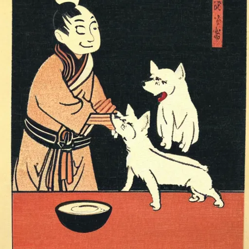 Prompt: Japanese woodblock print of a barista and his westie making espresso