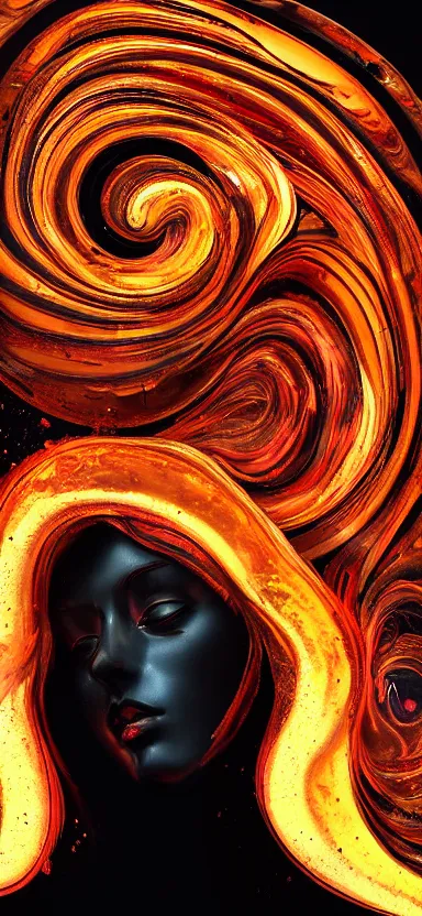 Image similar to epicillustration, abstract sculpture of beautiful female face and black swirling liquifying acrylic portrait, fluffy clouds, glowing edges, golden hour, beautiful light, 3 d sculpture of carving marble, dark colors, dark mood, one point light, golden spirals, clockwork, epic matte painting, concept art, digital painting