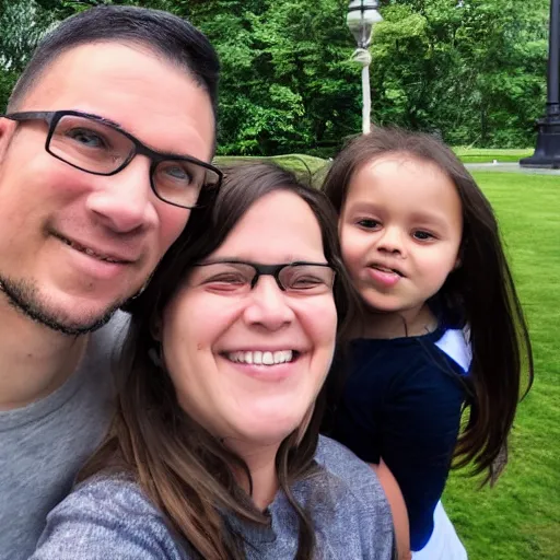 Prompt: family travel photo selfie taken at portland, oregon's waterfront park.