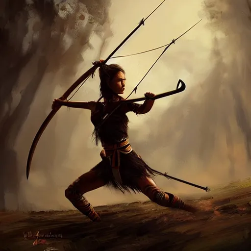 Image similar to tribal archer woman aiming her bow off camera, painting, artstation, epic, intense lighting