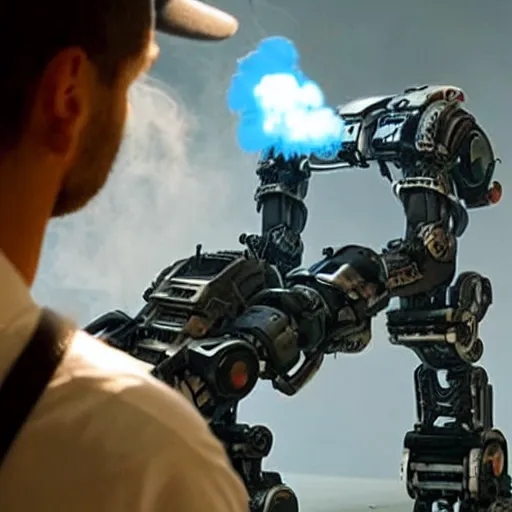 Image similar to chappie the robot making a vape smoke cloud, huge amount of vape, we get it you vape